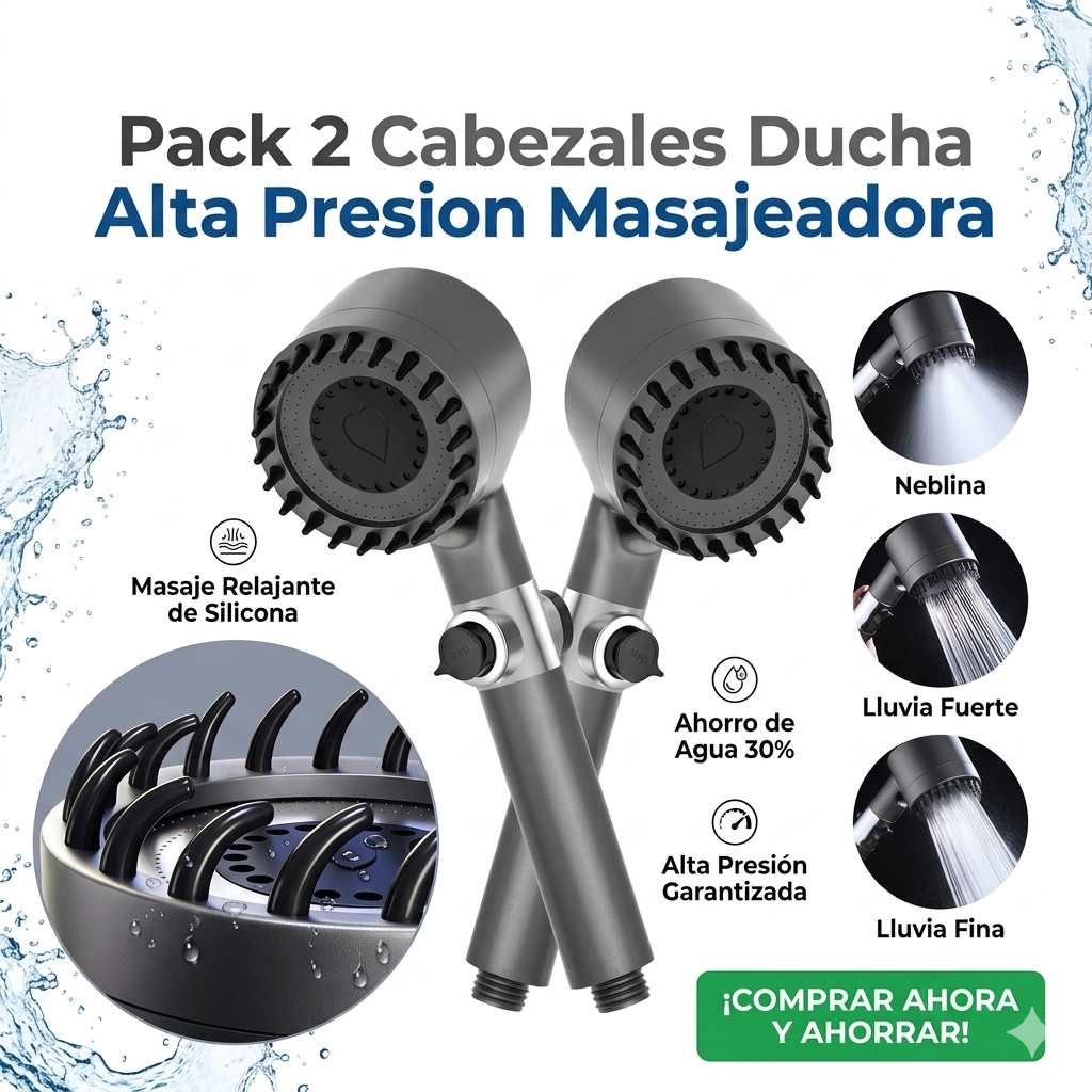 PACK 2 Cabezales de Ducha Masajeador 4 en 1 – Filtra Impurezas y Aumenta la Presión – Piel Sana desde el Primer Uso