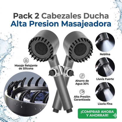 PACK 2 Cabezales de Ducha Masajeador 4 en 1 – Filtra Impurezas y Aumenta la Presión – Piel Sana desde el Primer Uso
