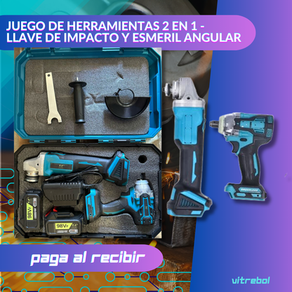 Juego De Herramientas 2 En 1 - Con Esmeril Angular y Llave de impacto - 2 baterías de 98v