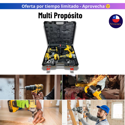 Kit de 4 Herramientas Inalámbricas - Taladro, Llave de impacto, Esmeril angular y RotoMartillo demoledor