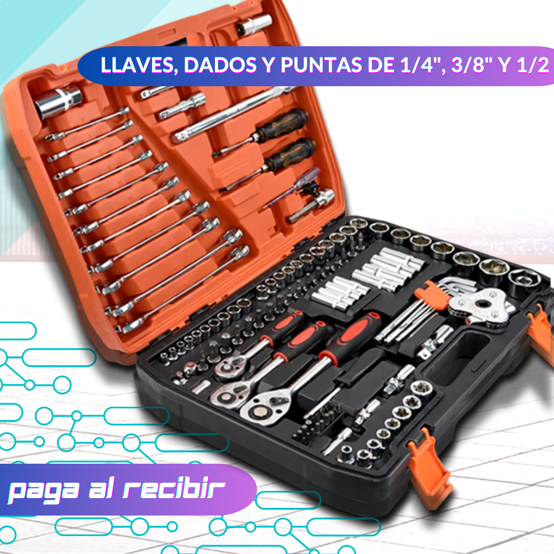 Kit de Herramientas 121 Piezas: Llaves, Dados y Puntas de 1/4", 3/8" y 1/2" Dr. 🔧