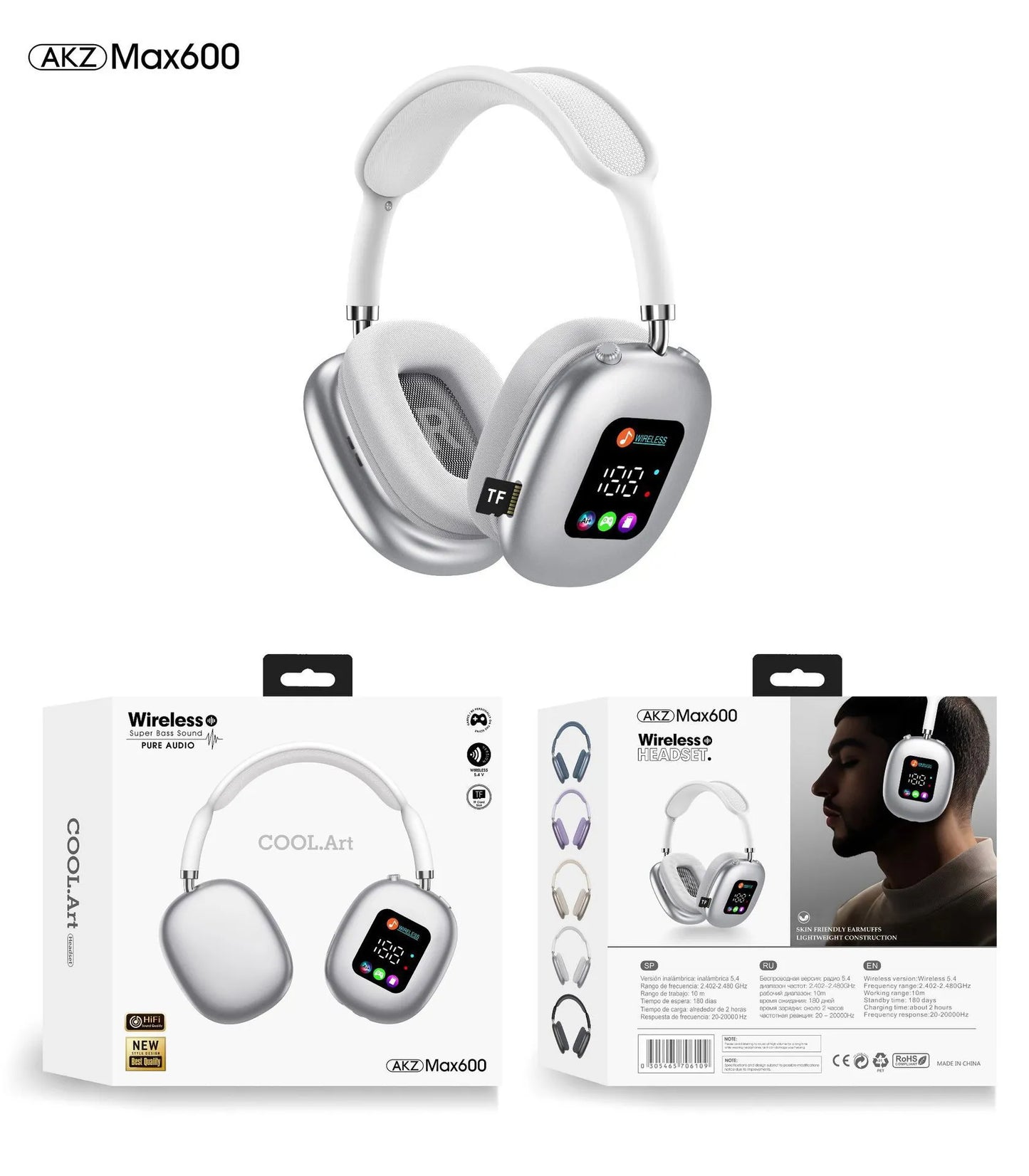 Akz Max600 Auriculares Inalámbricos Over-Ear con Pantalla Digital