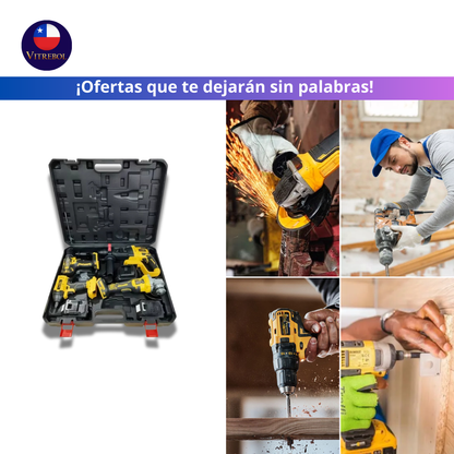 Kit de 4 Herramientas Inalámbricas - Taladro, Llave de impacto, Esmeril angular y RotoMartillo demoledor