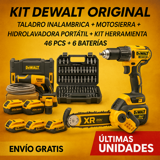 KIT DEWALT ORIGINAL: TALADRO INALAMBRICA + MOTOSIERRA + HIDROLAVADORA PORTÁTIL + KIT HERRAMIENTA 46 PCS + 6 BATERIAS PROMOCION CIERRE DE LA TIENDA - ENVÍO GRATIS