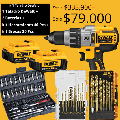 Kit Taladro DeWalt + 2 Baterías + Kit Herramienta 46 Pcs + Kit Broca 20 Pcs Titanio - CONTRA ENTREGA + ENVÍO GRATIS