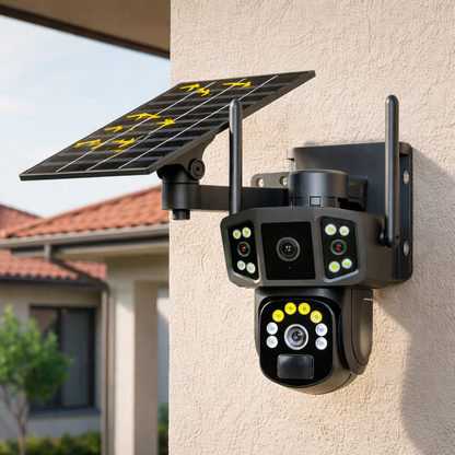 Cámara de Seguridad con panel Solar  - 2 lentes y visión nocturna a color PTZ 360 WiFi