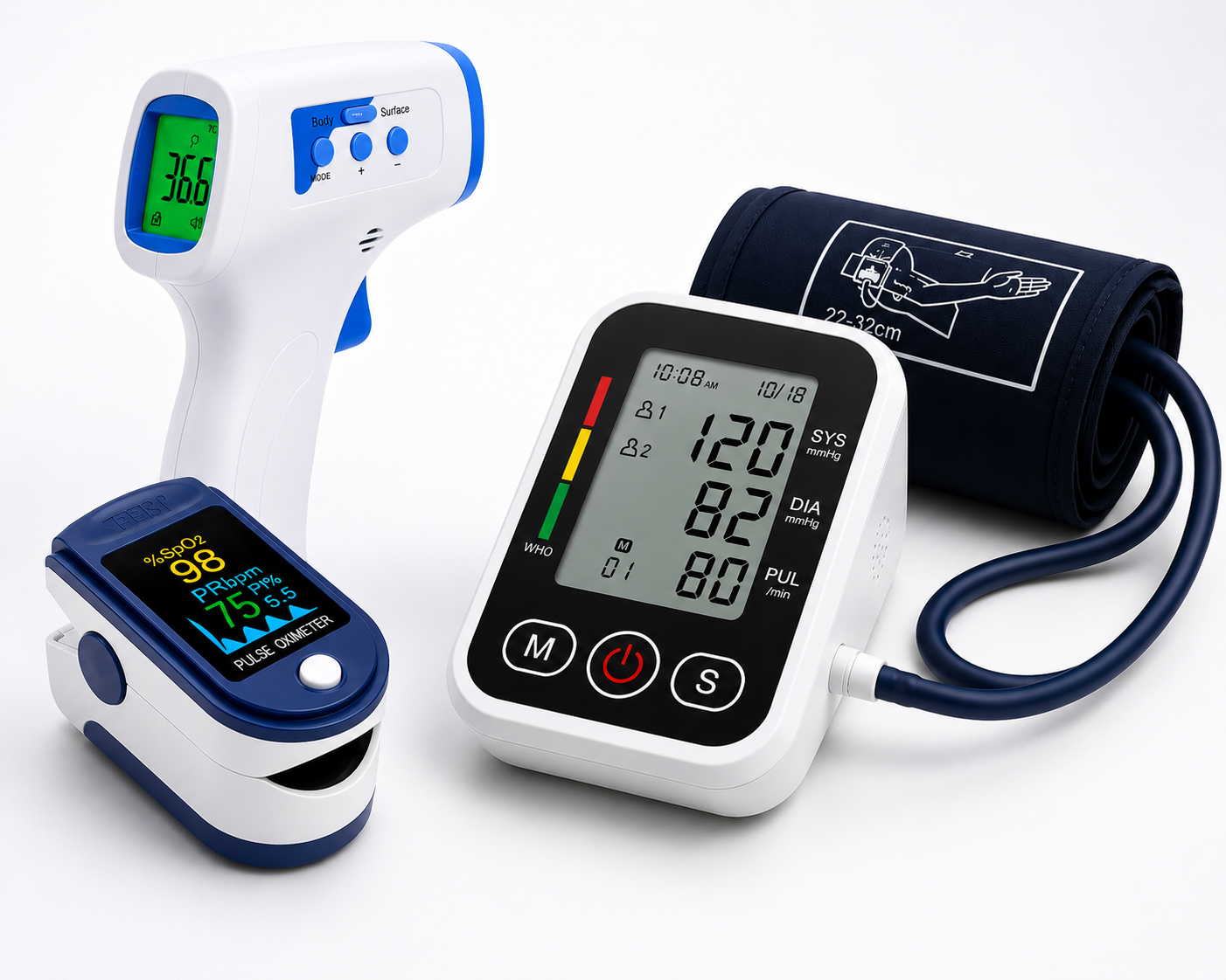 Pack Tensiómetro Digital Brazo Con voz + Saturómetro Y Termómetro Blanco