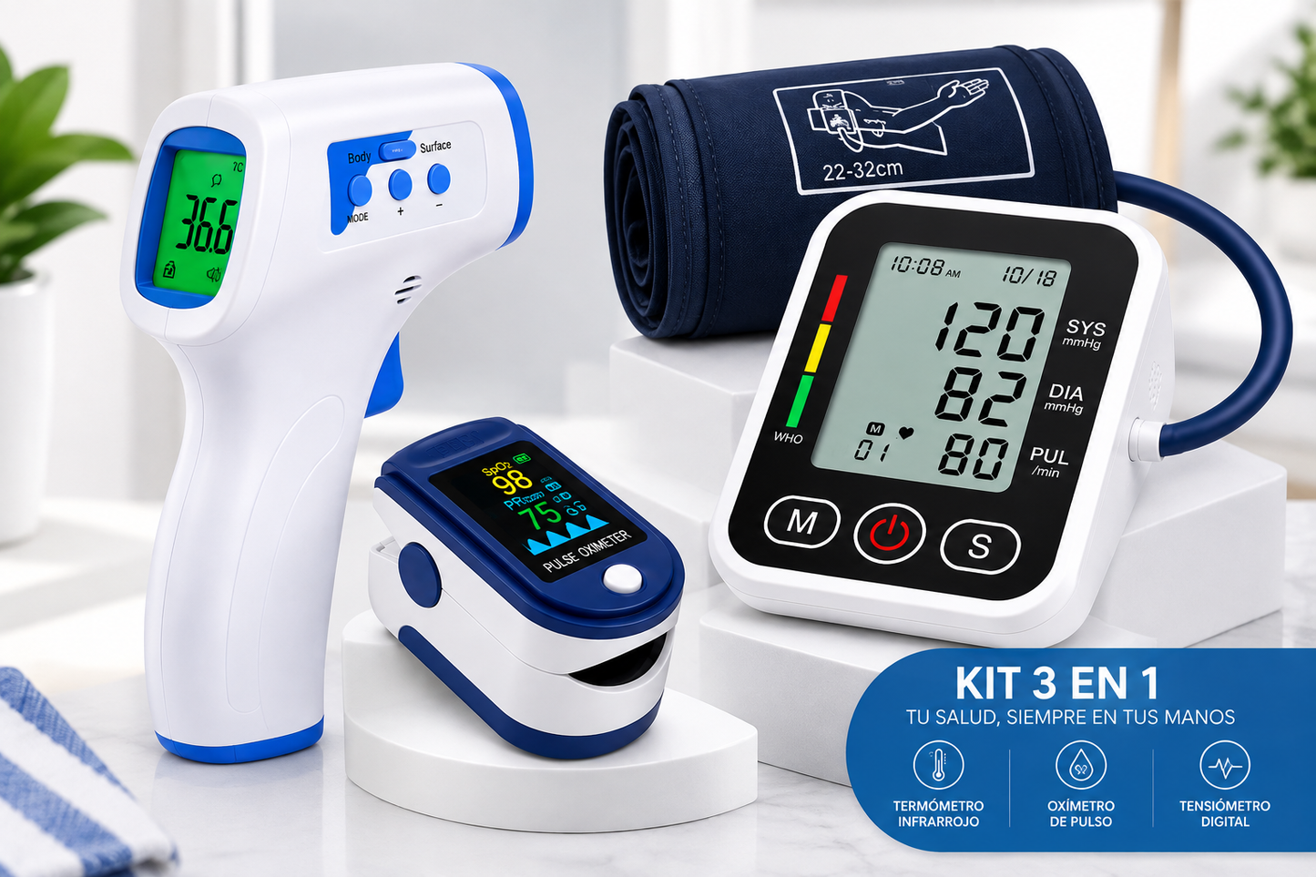 Pack Tensiómetro Digital Brazo Con voz + Saturómetro Y Termómetro Blanco